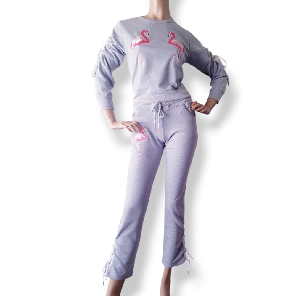 Gray & Pink Flamingo Print Two Piece Coord Pant Set With Side Lace Ups by Balboa